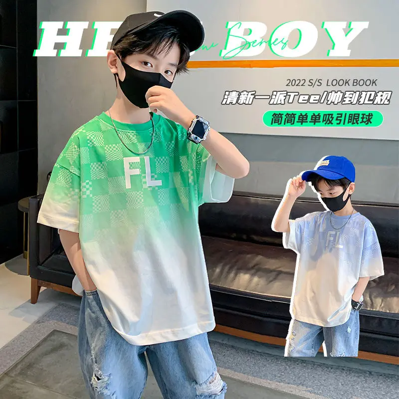 

Gradient Short Sleeve T-Shirt Boys Summer Dress 2022 New Cotton Casual Round Neck Summer Half Sleeve Toddler Boy Clothes