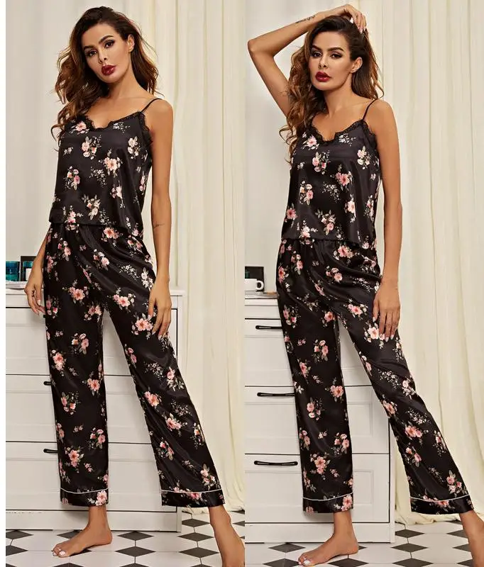 

Satin Pajamas Suit Womens Lace Sleepwear Nightwear Summer Two Pieces Pyjamas Sleep Sets Print V-Neck Lingerie Loungewear