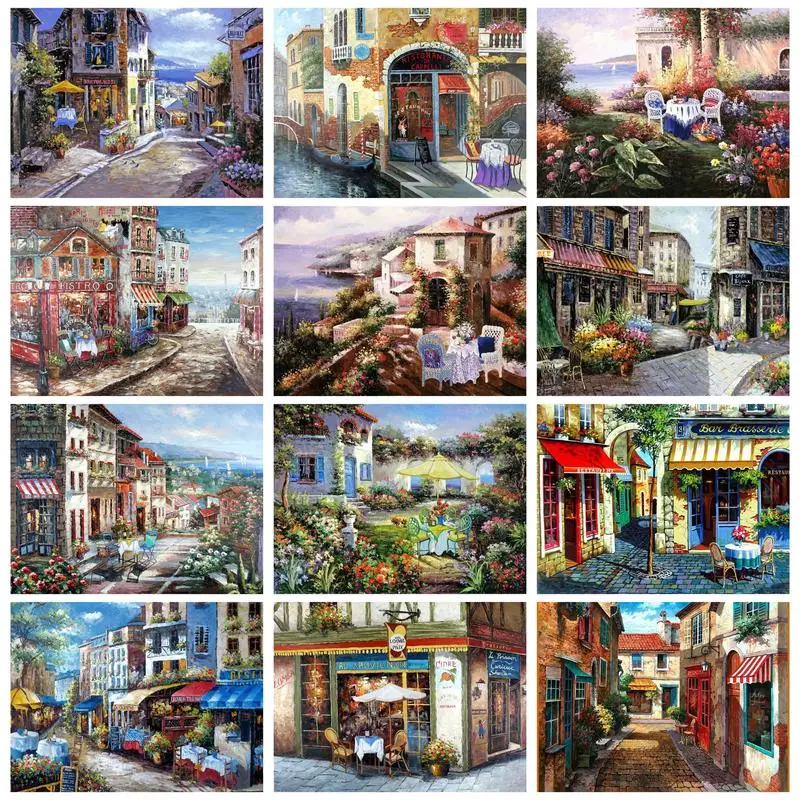 

CHENISTORY 20X30cm Painting By Numbers Frame Shops Town Scenery Pictures On Number For Adults Artwork Handmade Home Decors