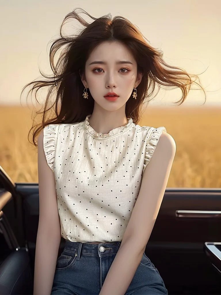 Шифоновые рубашки в горошек с деревянными ушками женские летние французские