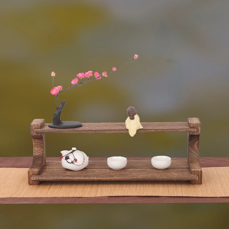 Chinese style retro solid wood tabletop storage rack tea room set cup and teapot display |