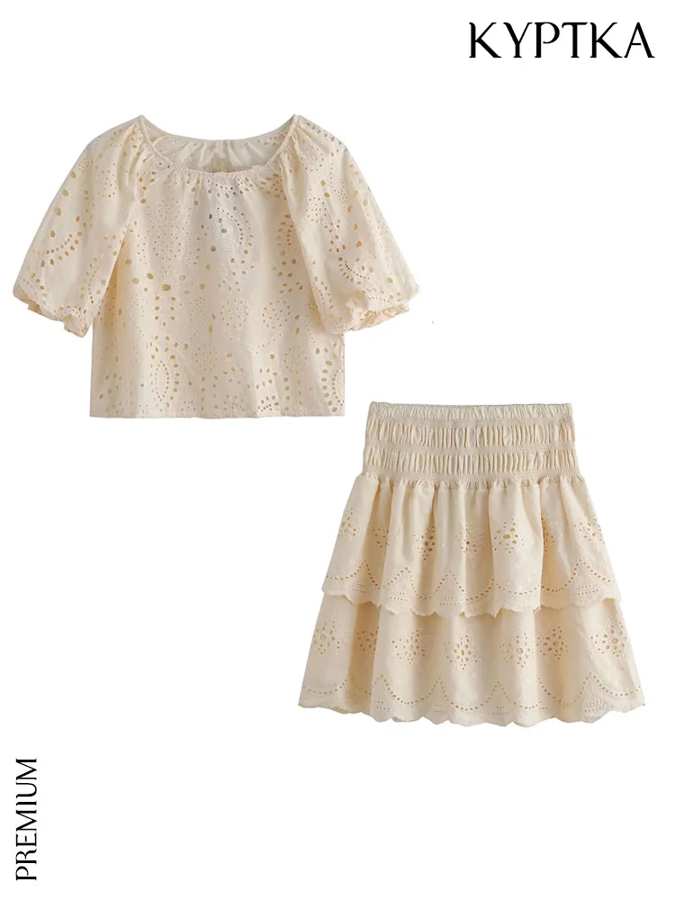 

KYPTKA Women Fashion Cropped Embroidered Blouses And High Elastic Waist Ruffled Mini Skirt Female Two Piece Sets Mujer