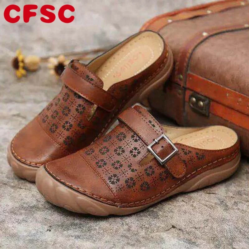 

Women Sandals Summer Women Premium Orthopedic Sandals Buckle Anti-slip Breathable Leather Casual Female Platform Half Slippers