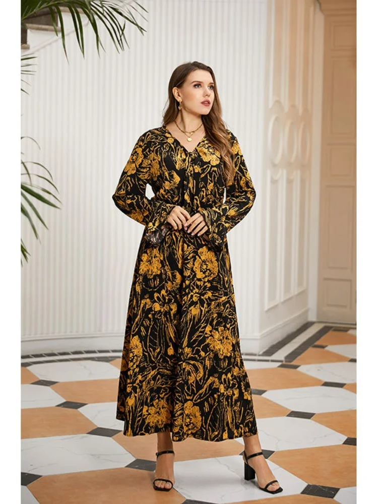 New feminine plus-size women's vintage mid-length loose floral casual V-neck dress plus size women clothing  party dresses