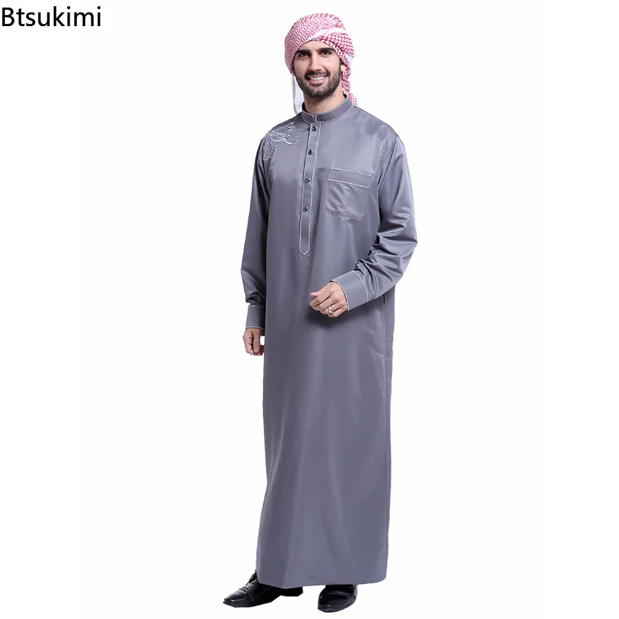 New Muslim Men Islamic Long Sleeves Ramadan Robe Stand Collar Embroidery Dubai Long Abaya Thobe Kaftan Thawb Costume Ethnic Robe