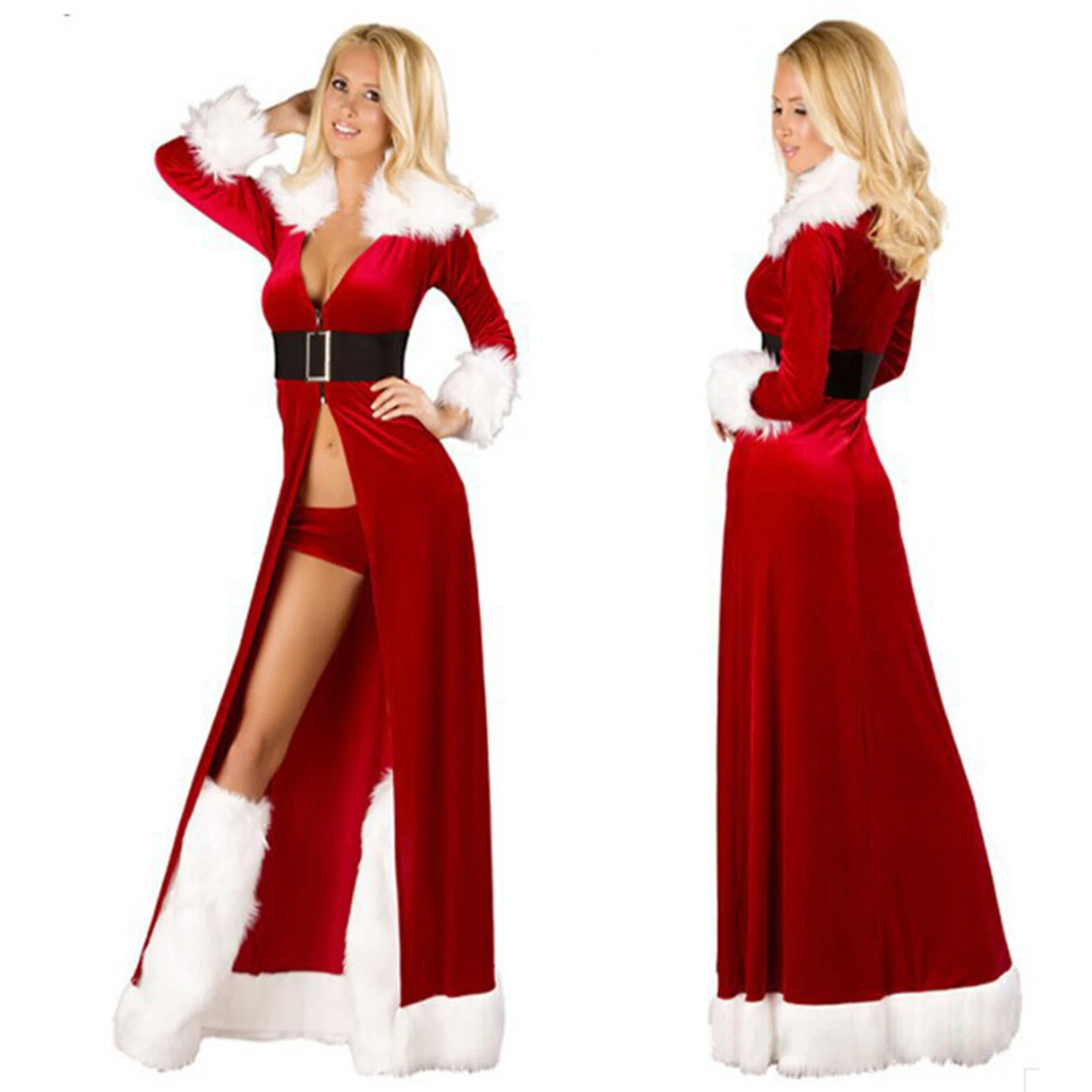 

Женское теплое платье Санта Клауса, праздничный стиль, хлопковый Рождественский комплект из 3 предметов, наряд для отпуска с высокой талией, глубоким V-образным вырезом и длинным рукавом