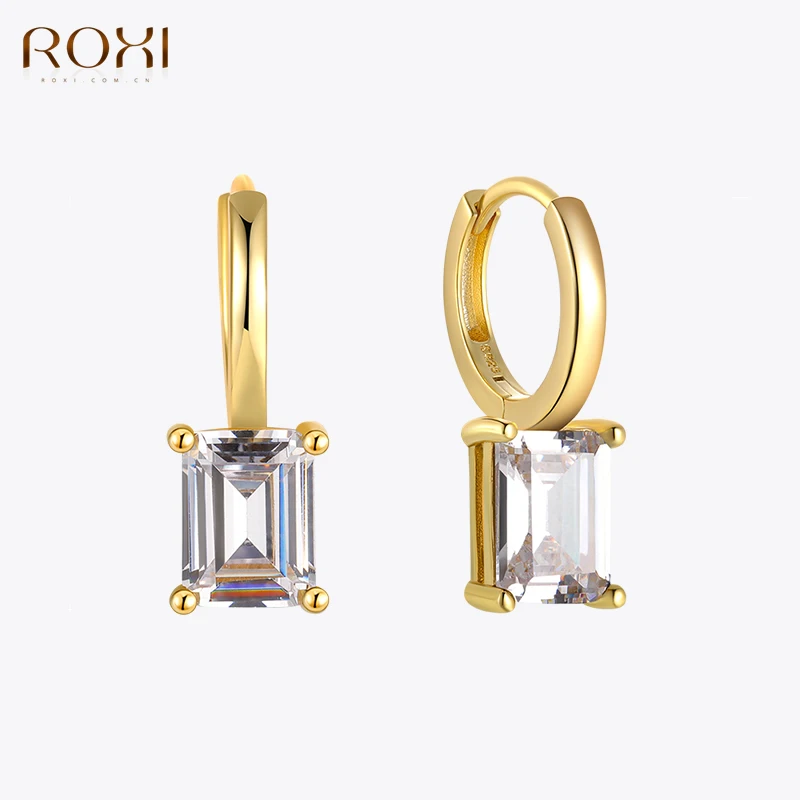 

ROXI Exquisite White Square Crystal Drop Hoop Earrings For Women 925 Sterling Silver Wedding Party Fine Jewelry aros plata 925