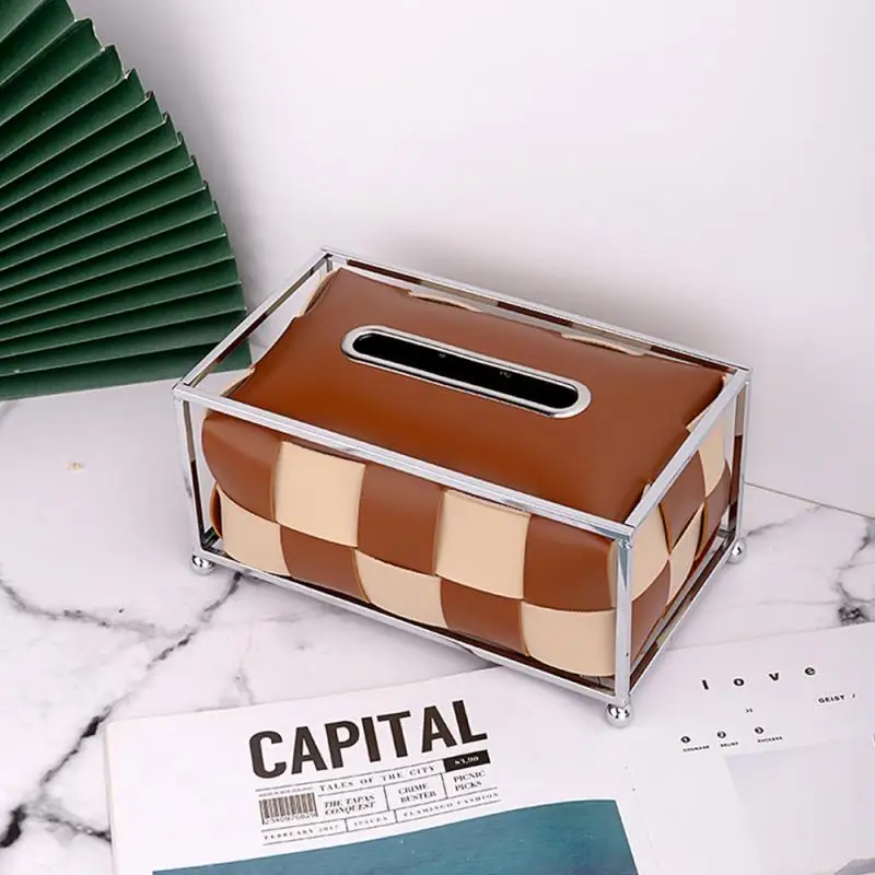 

Tissue Box Metal Thick Pu Practical Durable Independent Inner Box High Quality Home Storage Paper Drawer Contrast Weaving