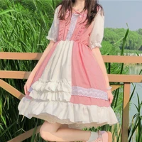 houzhou kawaii lolita dress women pink lace patchwork vintage short dress japanese sweet puff sleeve fairy gothic maid outfits