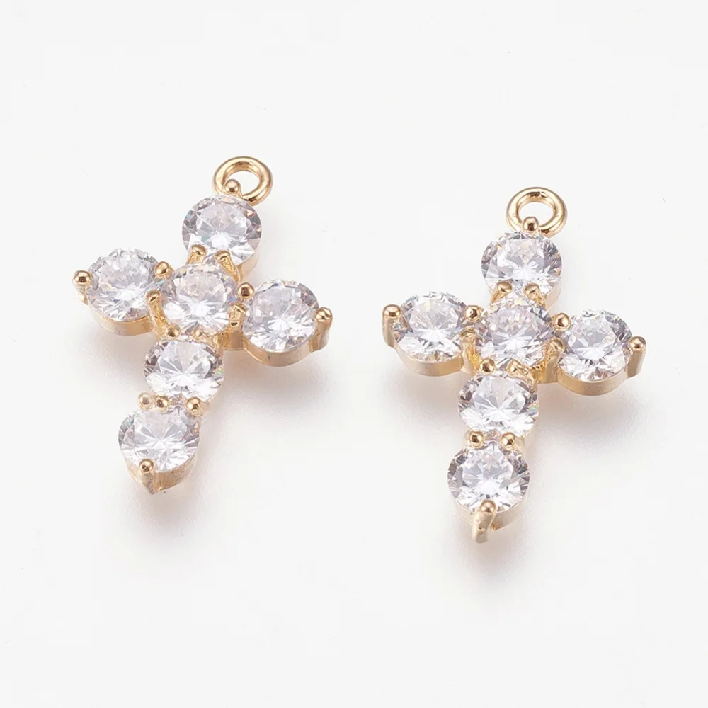 

2PCS Brass Cubic Zirconia Pendants Cross Nickel Free Real 18K Gold Plated 25x16x4mm Hole: 2mm