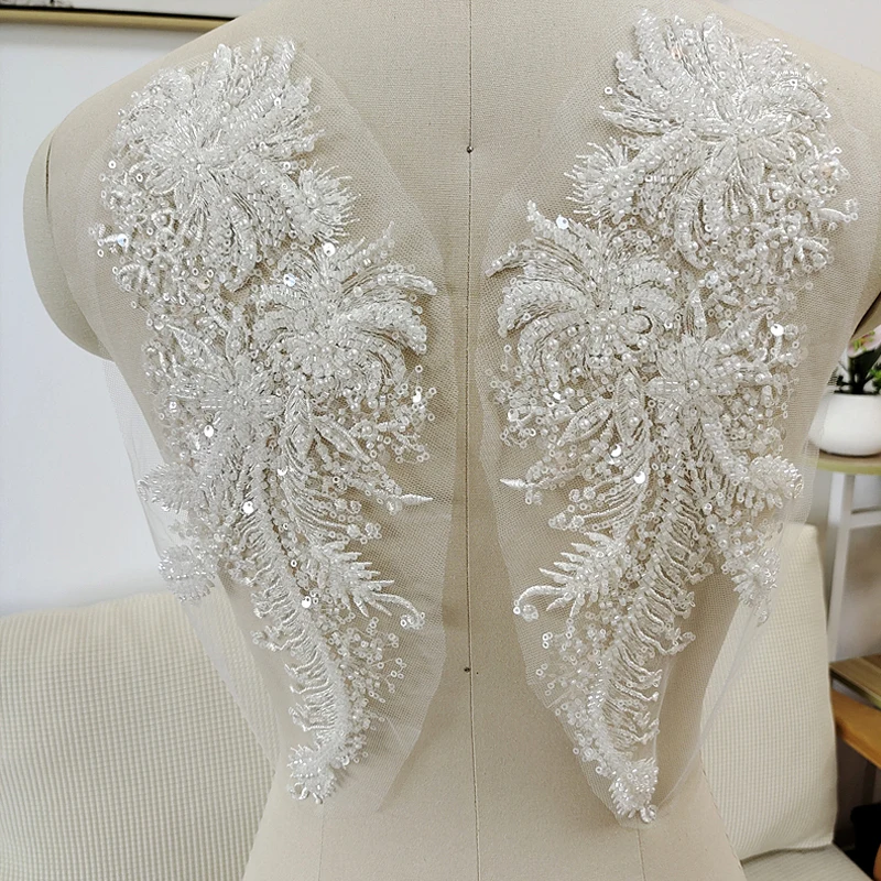 

1pair beads sequins lace flower patch applique wedding dress clothing beaded patches for clothes parches bordados para ropa