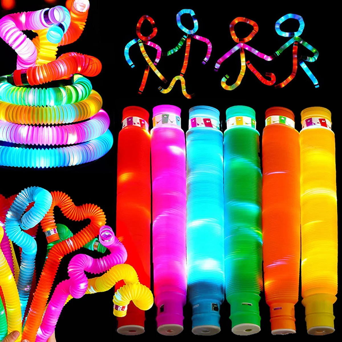 

6PC DIY Luminous Pop Tubes LED Fluorescent Color Stretched Plastic Tube Autism Anti Stress Plastic Bellows for Children Squeeze