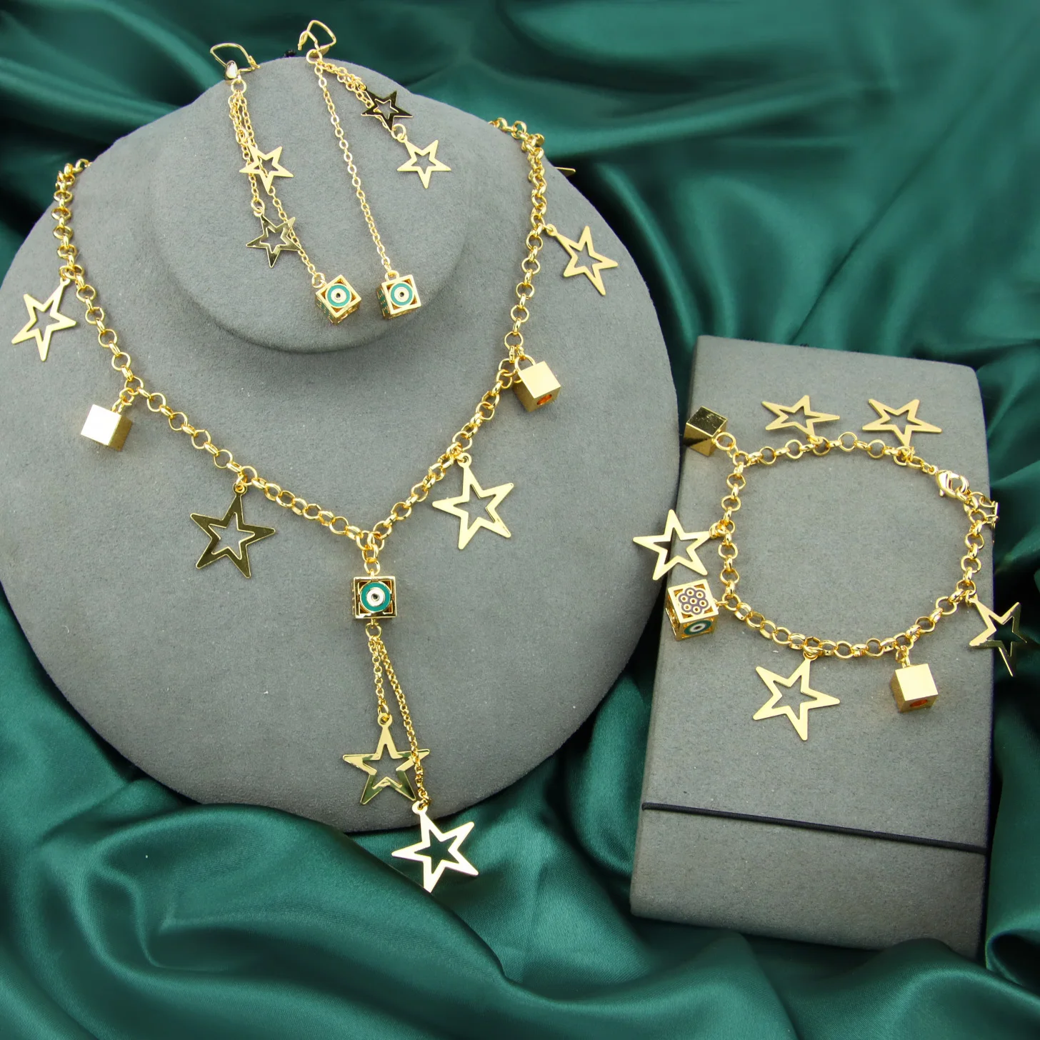 

Tassel Gold Jewelry Set 21k Gold Plated Turkish Evil Eye Butterfly Stars Necklace Set Dubai Middle East Vintage Party Parts