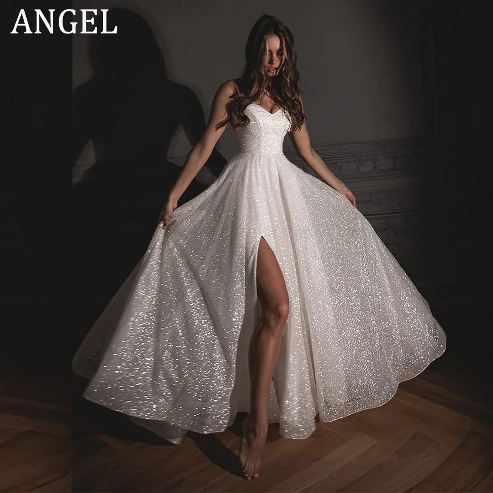 Фото ANGEL Сверкающие свадебные платья на тонких бретельках с v-образным вырезом для женщин, блестящие свадебные платья с разрезом по бокам, Hochzeitskleid №1