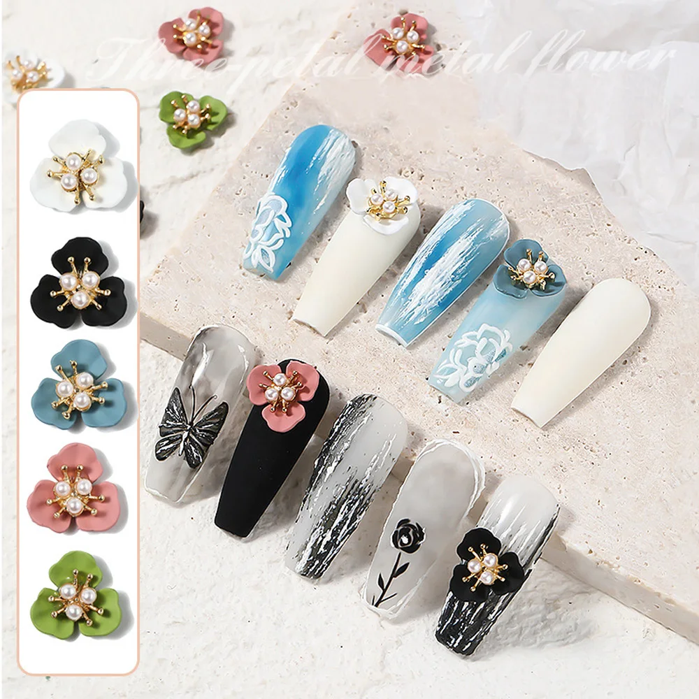

10Pcs/Bag Bead Flower Metal Nail Art Decoration Retro Pearl Floret Charms Alloy Spray Paint Kawaii Parts Manicure Accessories Q2