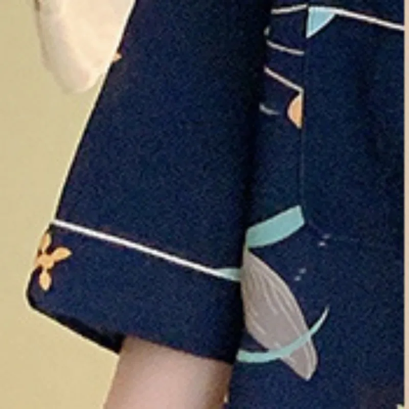 Women's Summer Thin Turn-Down Collar Shirt Dress Pajamas Fresh Printing Three Guarter Sleeve Cotton Luxury Designer Clothing