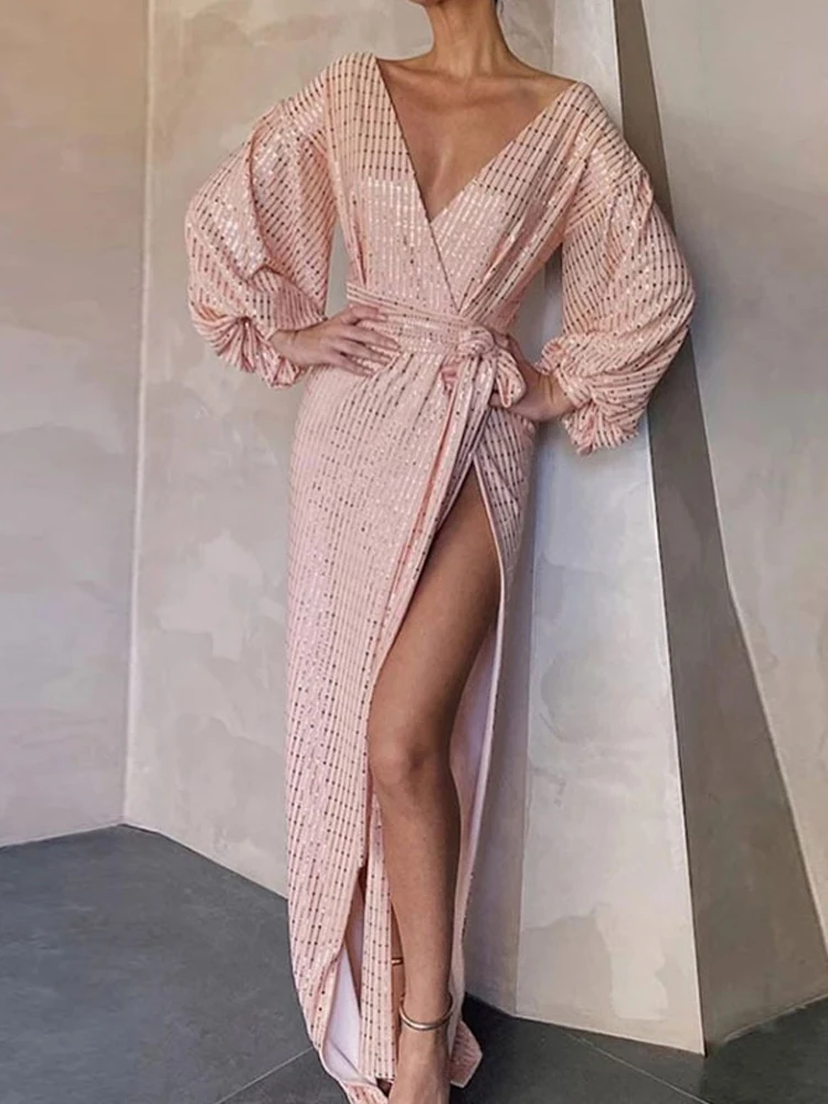

Elegant Bling Sequin Evening Gowns Dress 2023 Sexy V Neck Long Sleeve Women Prom Wedding Party Belt Split Dress Vestidos A1917