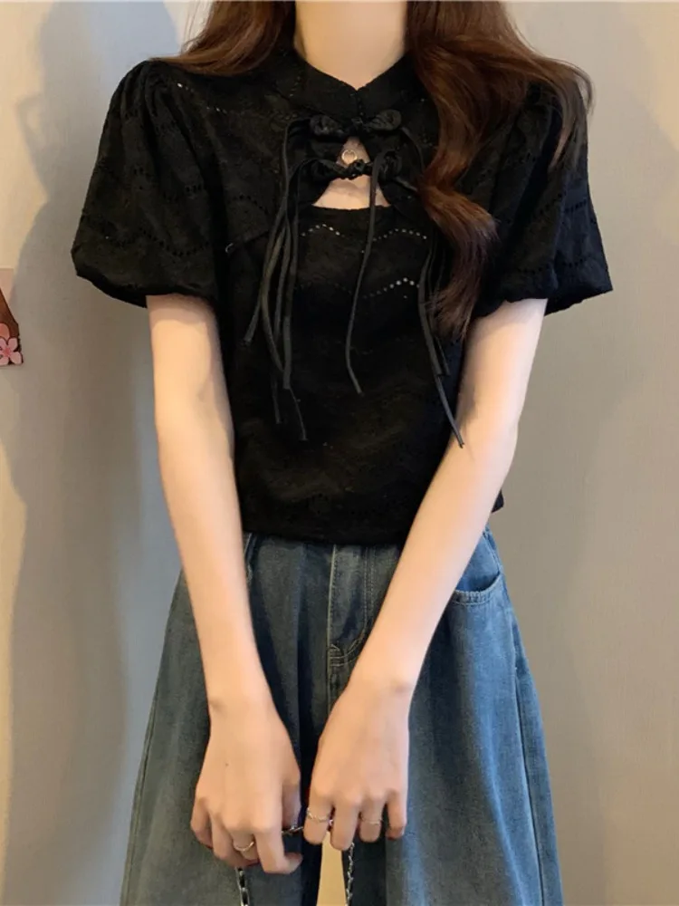 Китайские рубашки с короткими рукавами и открытой пряжкой на шнуровке женские