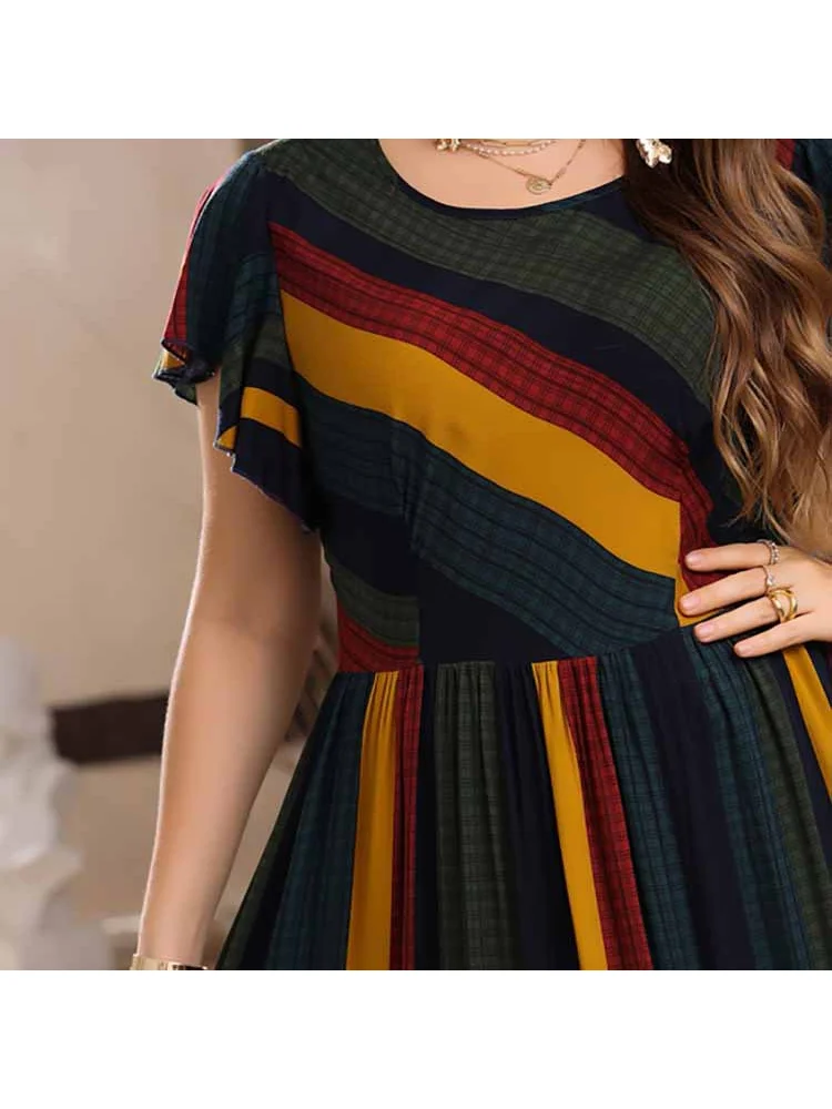 Middle East large print dress 2022 Europe and America new red elastic waist dress for women plus size feminino