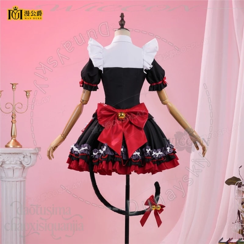 Фото Костюм горничной Chisa Cat Tail Sweet Gothic: черно-бело-красное мини-платье с рюшами, длинный парик, значок Wuthering Waves для Хэллоуина и косплея №5