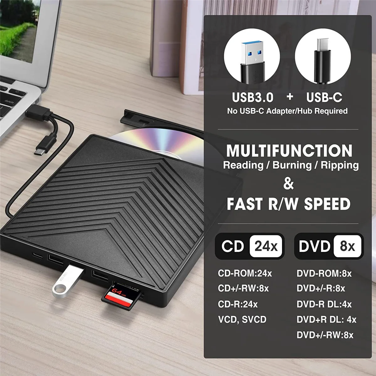 

Внешний CD DVD-привод, 8 в 1, привод CD DVD с 4 USB-портами и 2 слотами SD/TF для ноутбука Windows 11/10/8/7