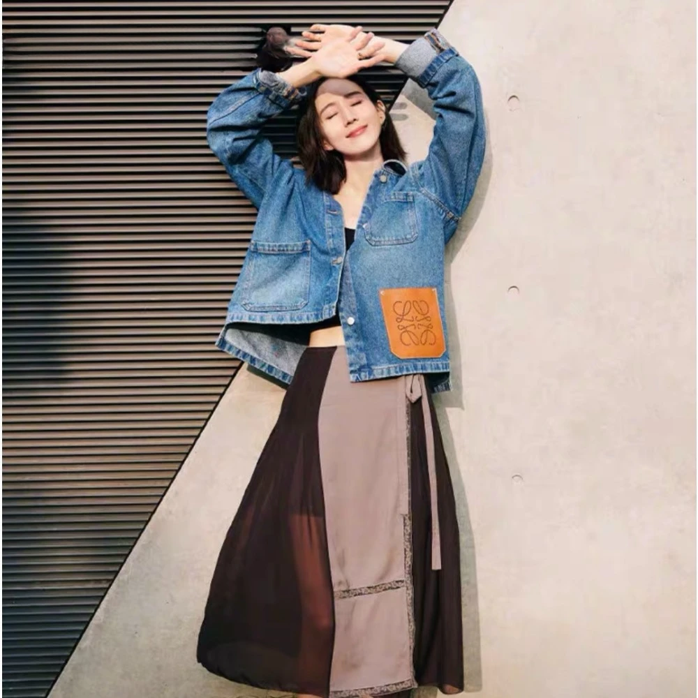 

High Quality Temperament Denim Long Sleeve Lapel Jacket Top Design Patchwork Washed Blouse 2023 Early Fall Commuter Fashion Slim