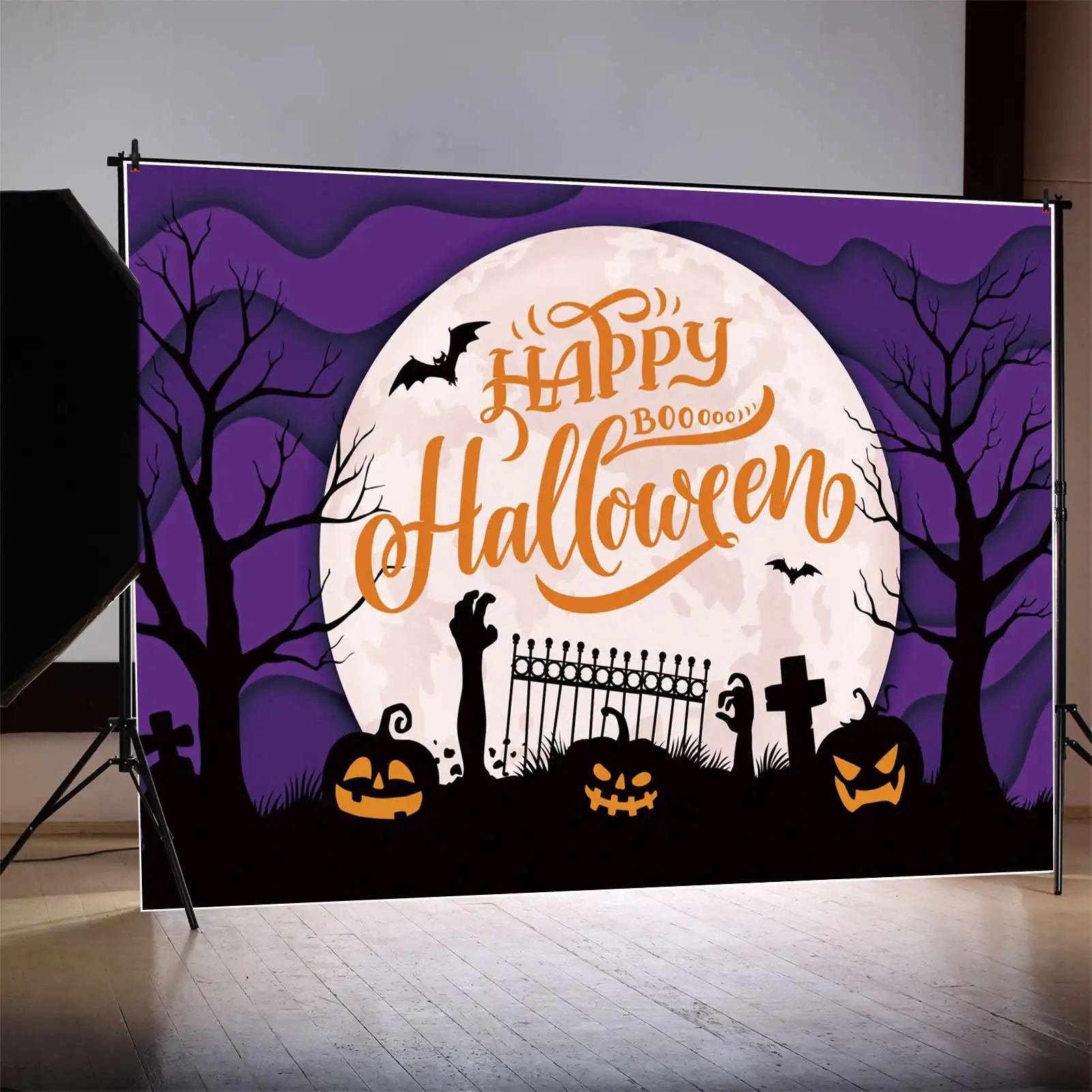 

MOON.QG Backdrop Happy Halloween Banner Party Jack O Lantern Tombstone Background Skeleton Hand Tree Bat Shadow Photo Booth Prop