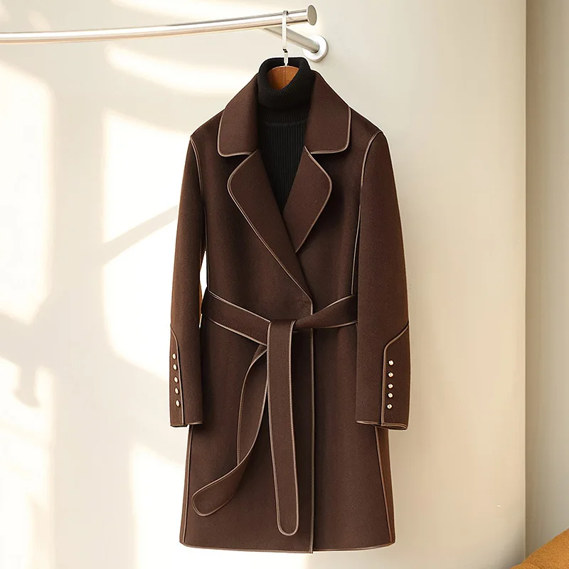 

2023 New Double sided Cashmere Coat for Women's Mid length Fit Lace up Woolen Coat for Women