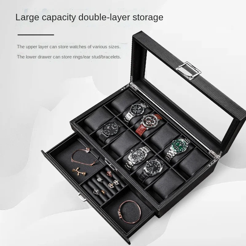 Carbon Fiber Watch Box Leather Jewelry Storage Boxes  Ring Bracelet Black Watch Box Case Organizer Display Pillows Gift Ideas