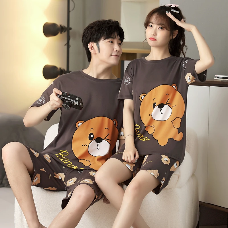 Size 5XL Summer Couple Pajamas Sets Women Pijama Cotton Korean Men Sleepwear Cartoon Bear Cute Lovers Night-Clothes Nightwear