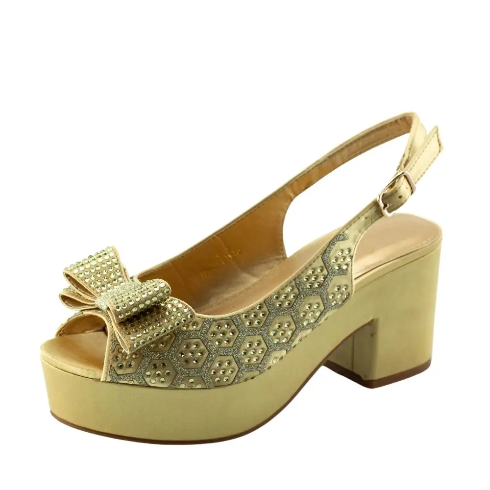 Gold Wedding Party Shoes Nigerian Dress Pumps Peep Toe Bling Bling Luxury Chunky Heels for Ladies Rhinestone Slingbacks Shoe NEW