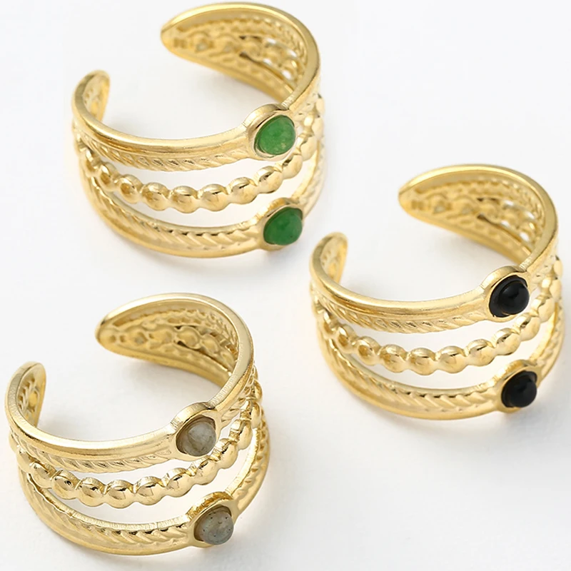 

Multilayer Hollow Stainless Steel Rings For Women Men Luxurious Natural Stone Finger Rings Open Adjustable Rings Fashion Jewelry