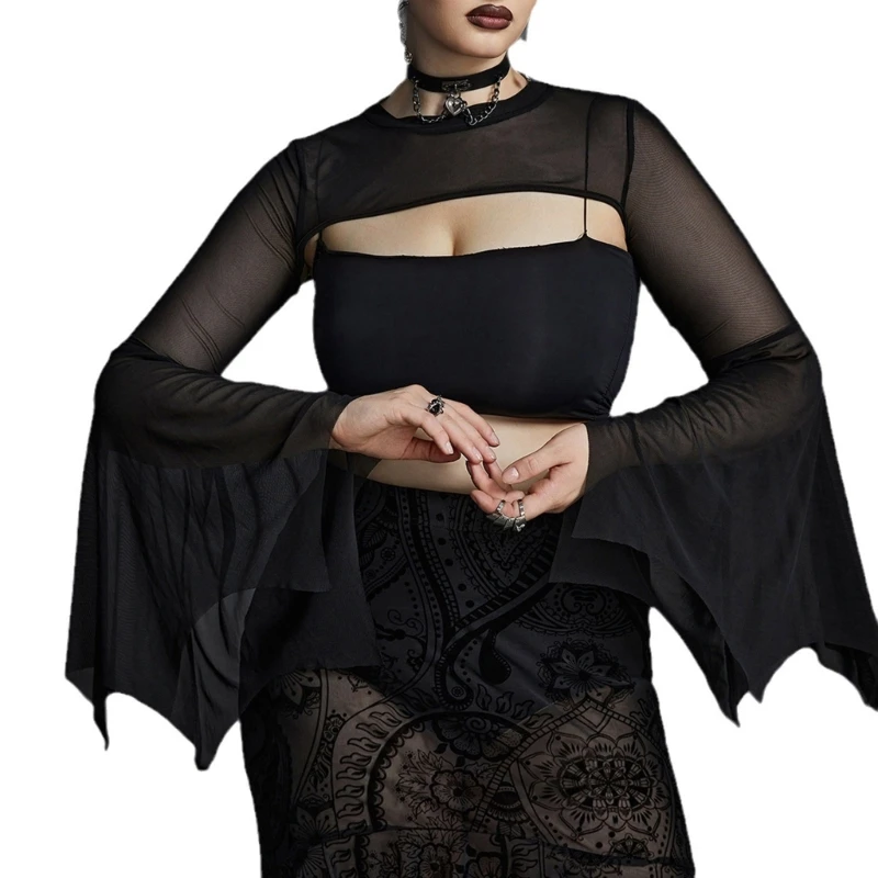 

Summer Womens Tops Batwing Sleeve Tops Sexy Vintage See Through Mesh Crop Top