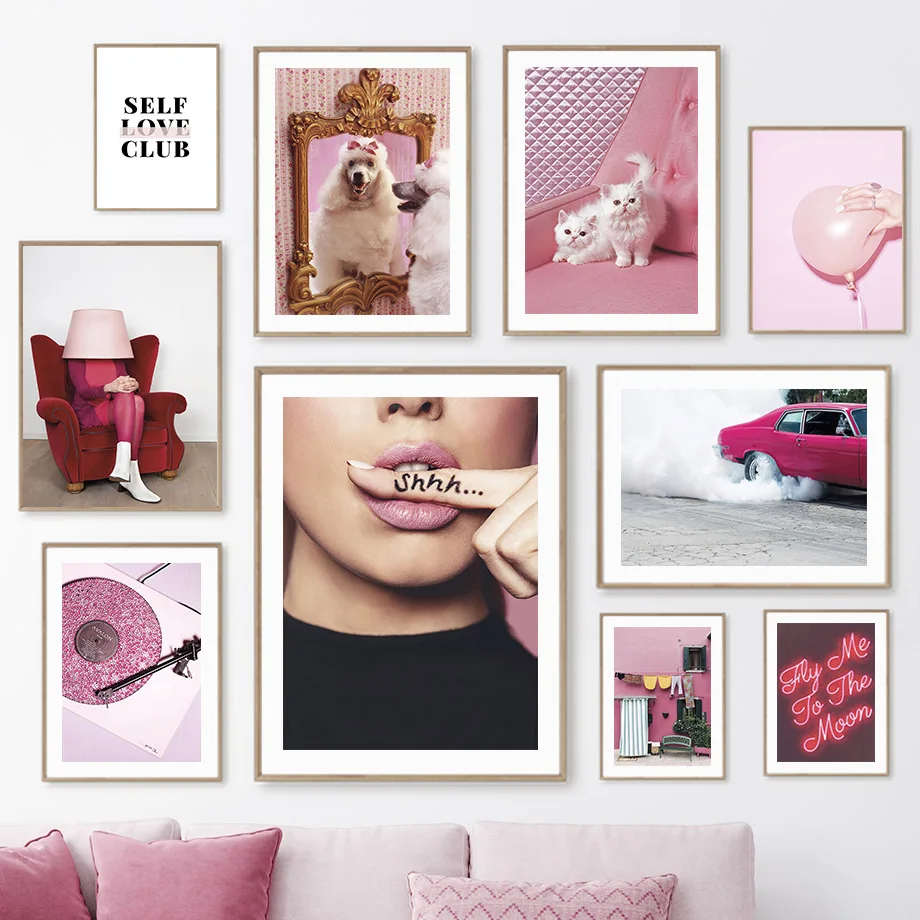 Wall Art Canvas Poster Pink Shiny Record Kiss Girl Pet Dog Cat Vintage Car Living Room Decor Print Painting Picture Home Bedroom