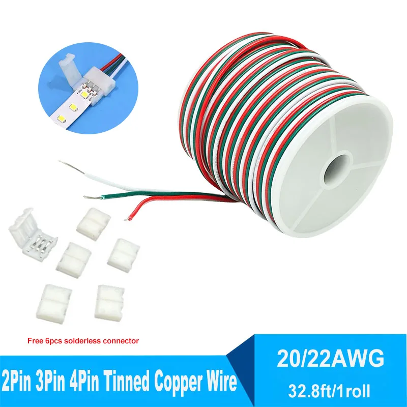 Фото Удлинительный кабель 22AWG 20AWG 2/3/4pin 80 °C 300 В, параллельный шнур питания для RGB светодиодной ленты 3528 5050 с 6 разъемами без пайки №1