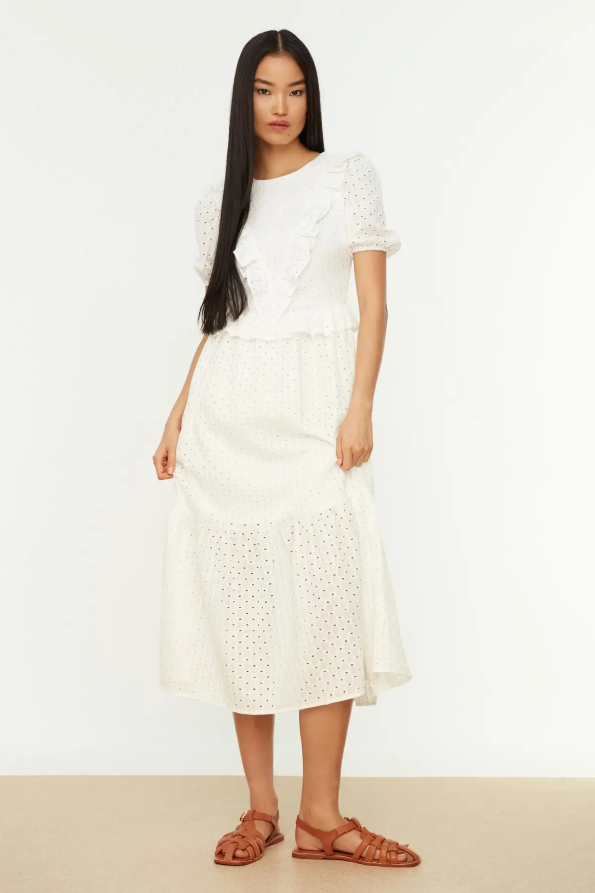 

White frilly brocade dress TWOSS21EL3679 short balloon plain Skater cycling collar Maxi cotton Polyester woven Design lined
