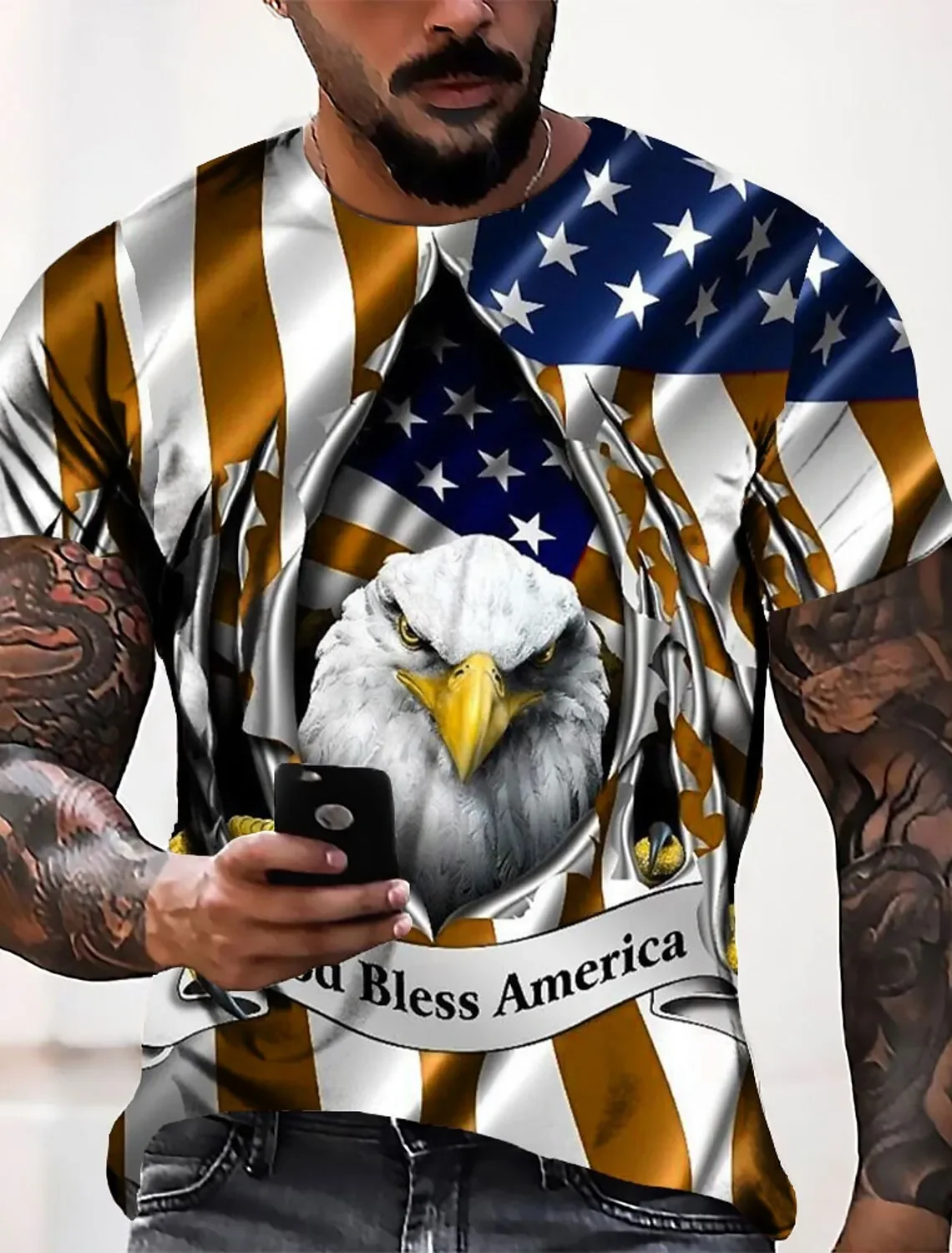 

Men's Unisex T shirt Tee Graphic Prints Eagle National Flag Crew Neck 3D Print Outdoor Street Short Sleeve Print Clothing