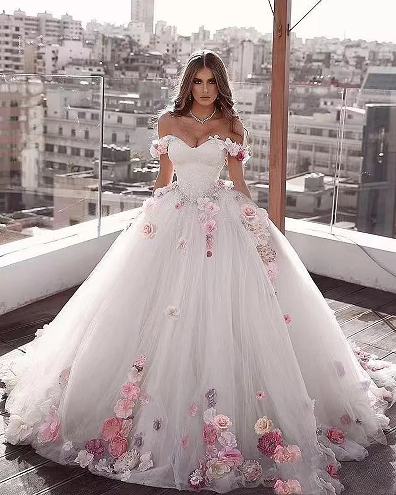 

Flowers Appliqued Romantic Princess Wedding Dresses Off the Shoulder Sweetheart Neckline Long Tulle Bridal Ball Gown Vestido