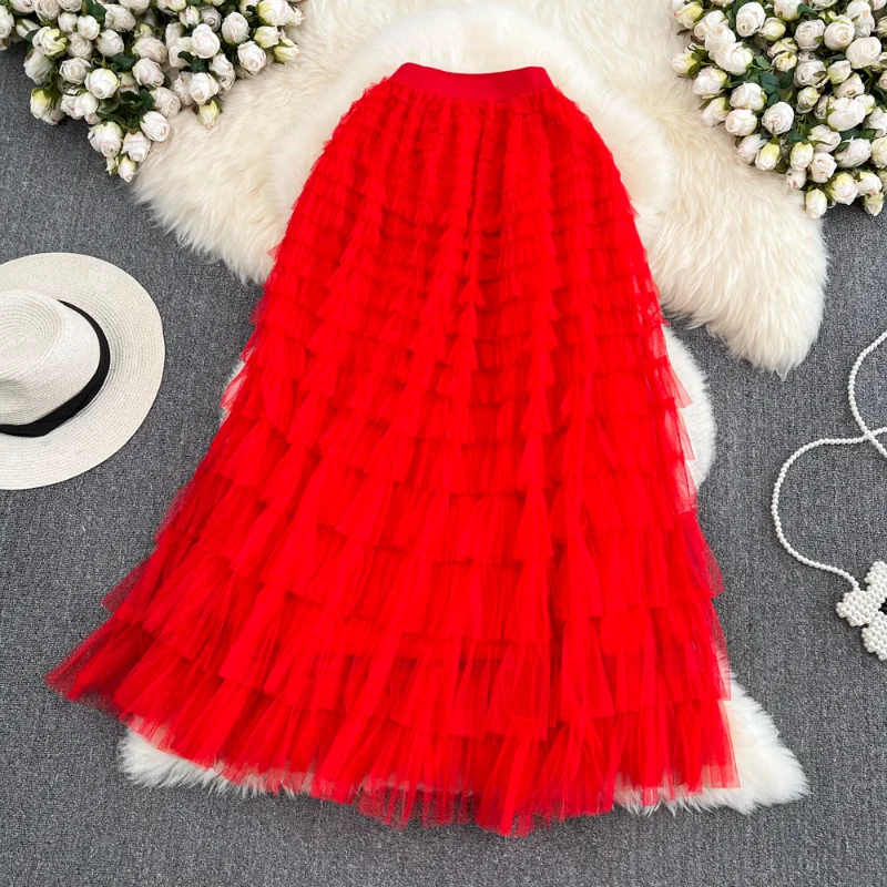 

Voille Skirts Y2k High Waist Elastic Jupe Tulle Cake Mujer Faldas Ruffles Long Mesh Skirt Casual Women Clothes Dropshipping