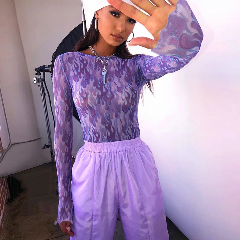 

2022 New Fashion Flame Print Purple Mesh Crew Neck T-shirt Women Sexy Clothes Spring Summer Top Tee Street wear Shirt