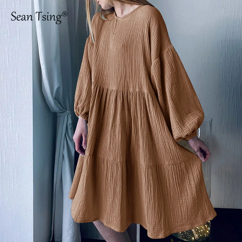

Sean Tsing® 100% Cotton Women's Dresses O-neck Lantern Sleeve Elegant Loose Ruffles Cake Midi Dresses Spring Vestidos De Mujer