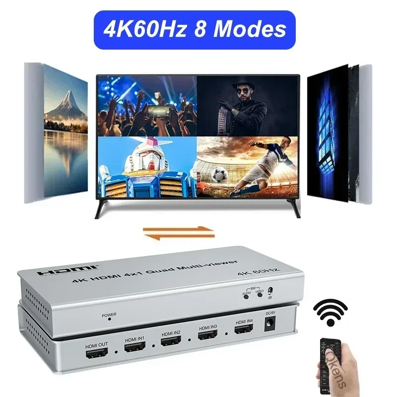 

Мультивар 4K60 4x1 HDMI 4 в 1, четырехэкранный мультиэкранный переключатель PIP 90 ° 180 ° Flip 4k HDMI Multi-Viewer 8 режимов отображения