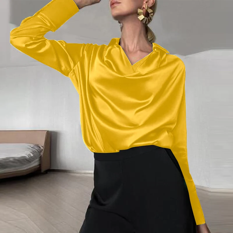 

Рубашка VONDA Женская атласная с длинным рукавом, офисная блузка с воротником с лацканами, однотонная Повседневная плиссированная блузка