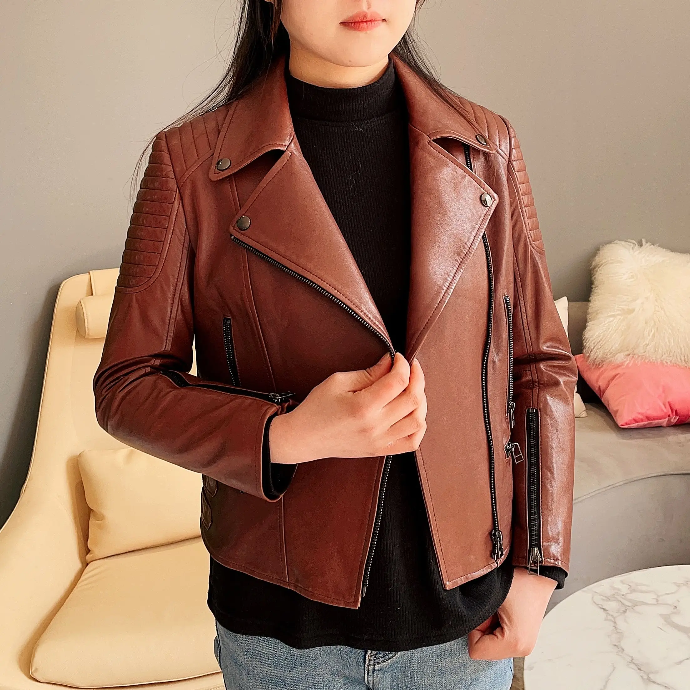 

JANEFUR Women's Moto Biker Zipper Jacket 2023 New Real Leather Brown Streetwear Short Female Sheepskin Coats