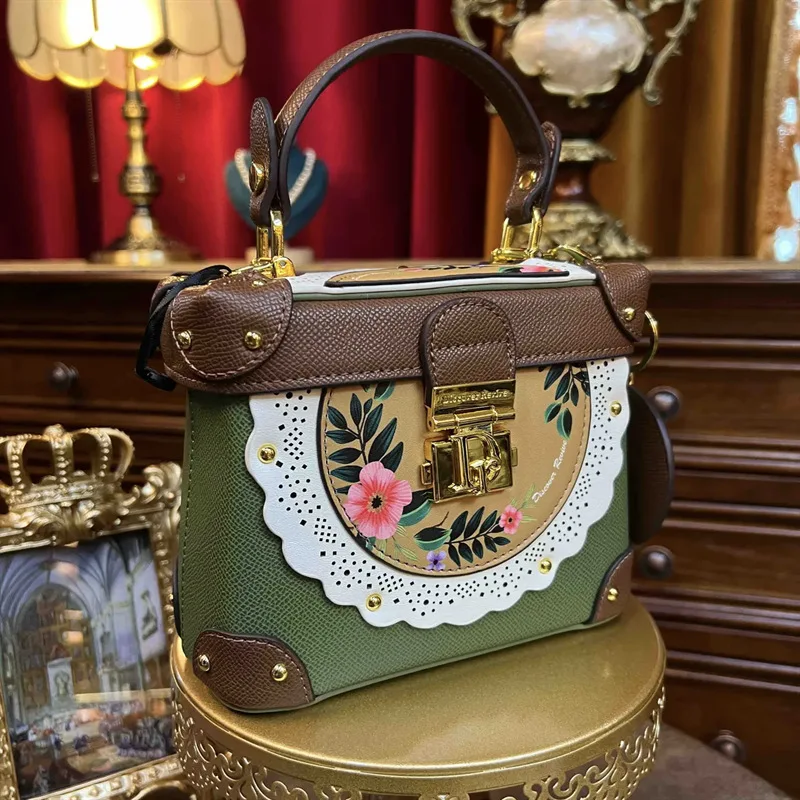 Light Luxury Leather Women's Handbag Retro National Style Color Painting Art Box Bag 2023 New Single Shoulder Satchels