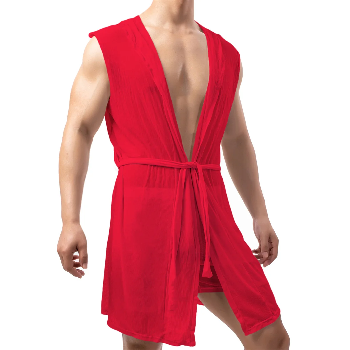 Men's Hooded Bath Robes Sleeveless Sexy Bathrobe Smooth Comfortable Bathrobes Pajamas Sleepwear Casual Kimono Bathrobe Nightgown