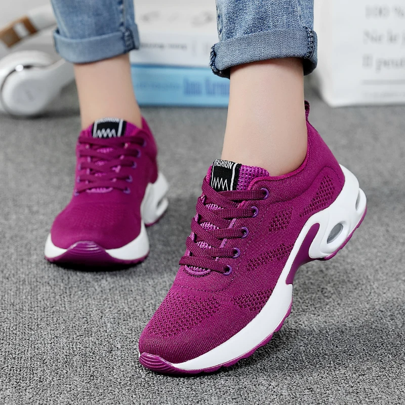 Womens Fashion Air Cushion Lace Up Sports Shoes Breathable Mesh Casual Running Sneakers