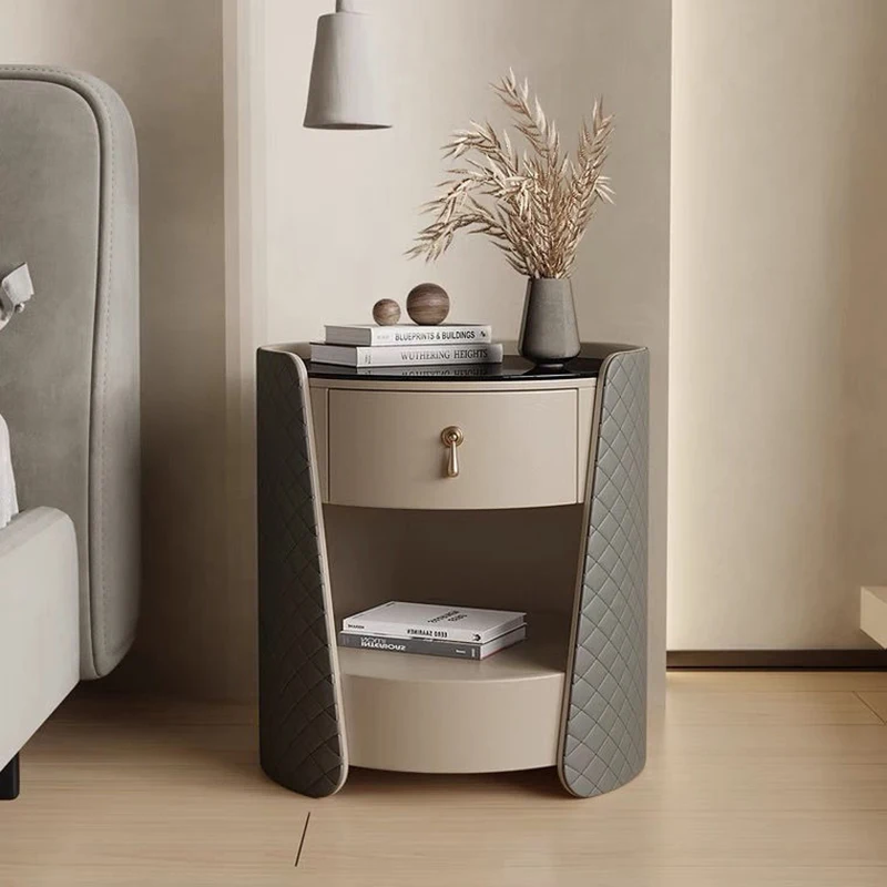 

Designer New Nightstand Simple Modern Italian Light Luxury Bedroom Leather Rock Board Small Side Cabinet Hotel Bedside Organizer