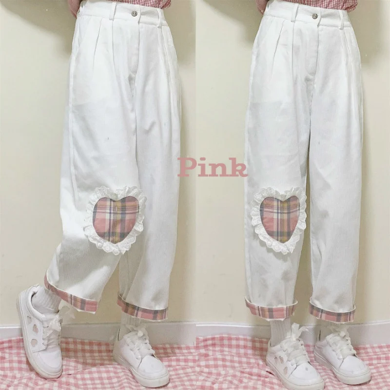 

Japanese Harajuku Wild Cute Soft Sister Casual Corduroy Kawaii Straight Pants Autumn Girls Love Heart Patch Loose Students Pants