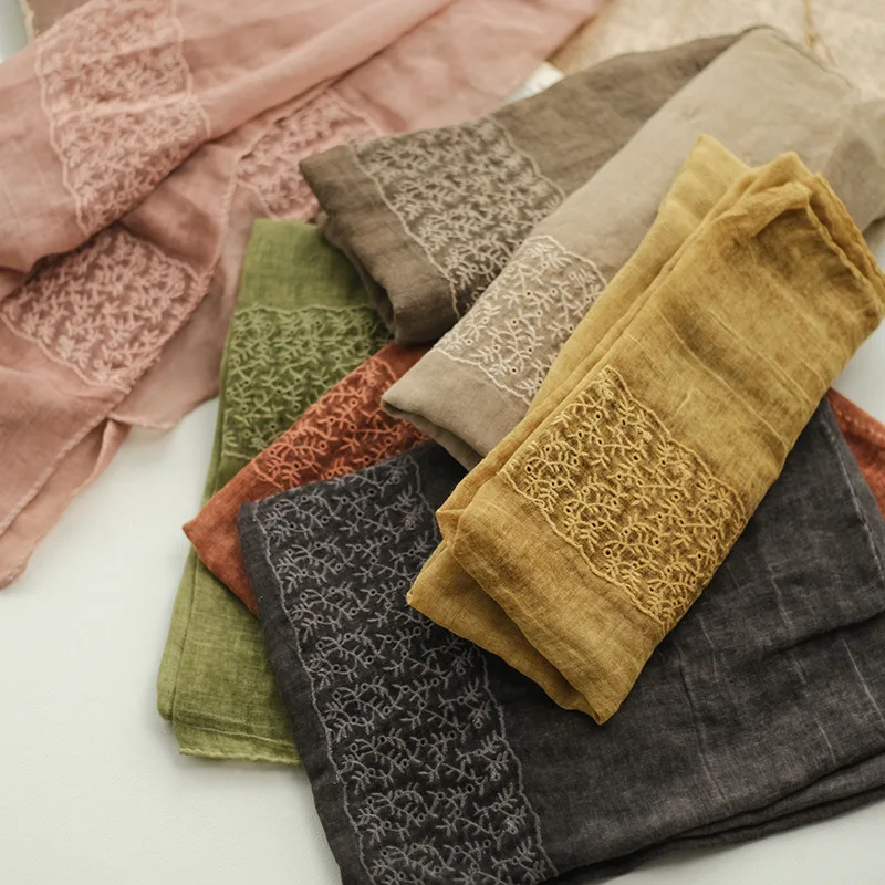 

Johnature 2022 New Vintage Cotton Linen Embroidery All Match Scarf Shawl Women Solid Color Thin Multifunction Scarf